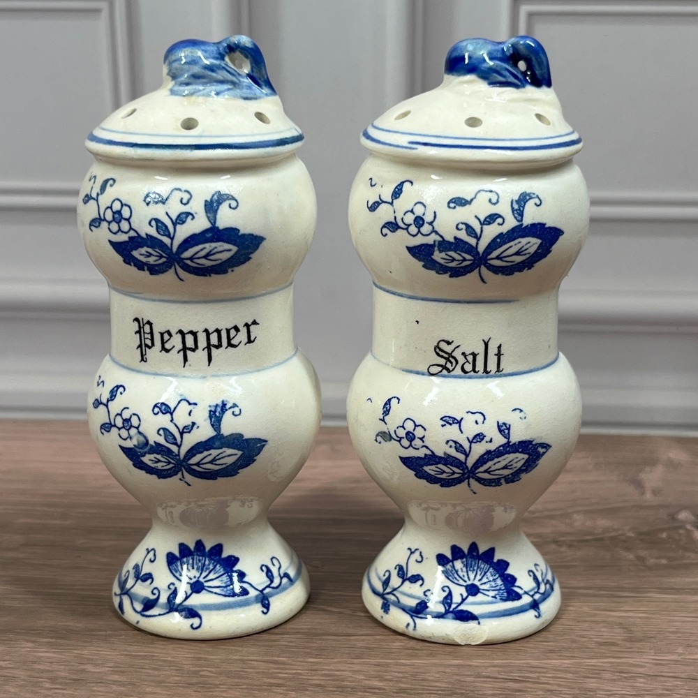 Vintage Watkins Ceramic Salt and Pepper Shakers Set Blue White Floral Japan